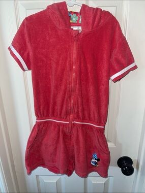 Disney Red Hooded Terry Romper with Minnie Floral Lining